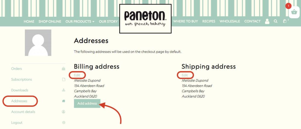 How to change address My account Paneton Bakery