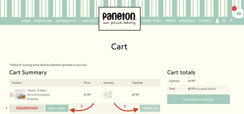 how to apply a coupon Cart Paneton Bakery